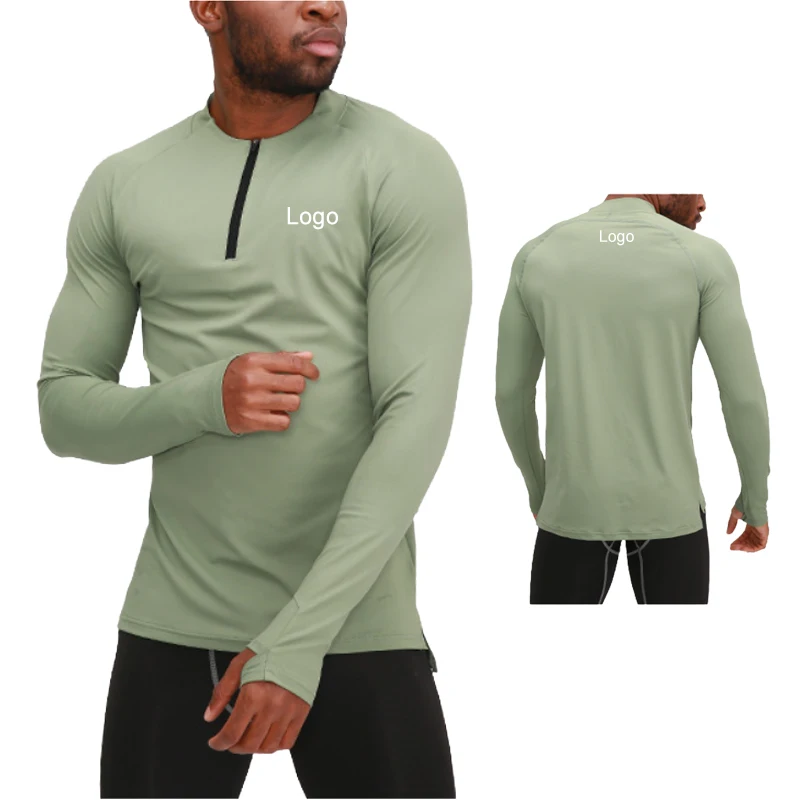 220 GSM Plus Size 3XL Half Zip up Long Sleeve Polyester Muscle Fit Running Sports T-shirt Gym Shirts Men Fitness Tshirts