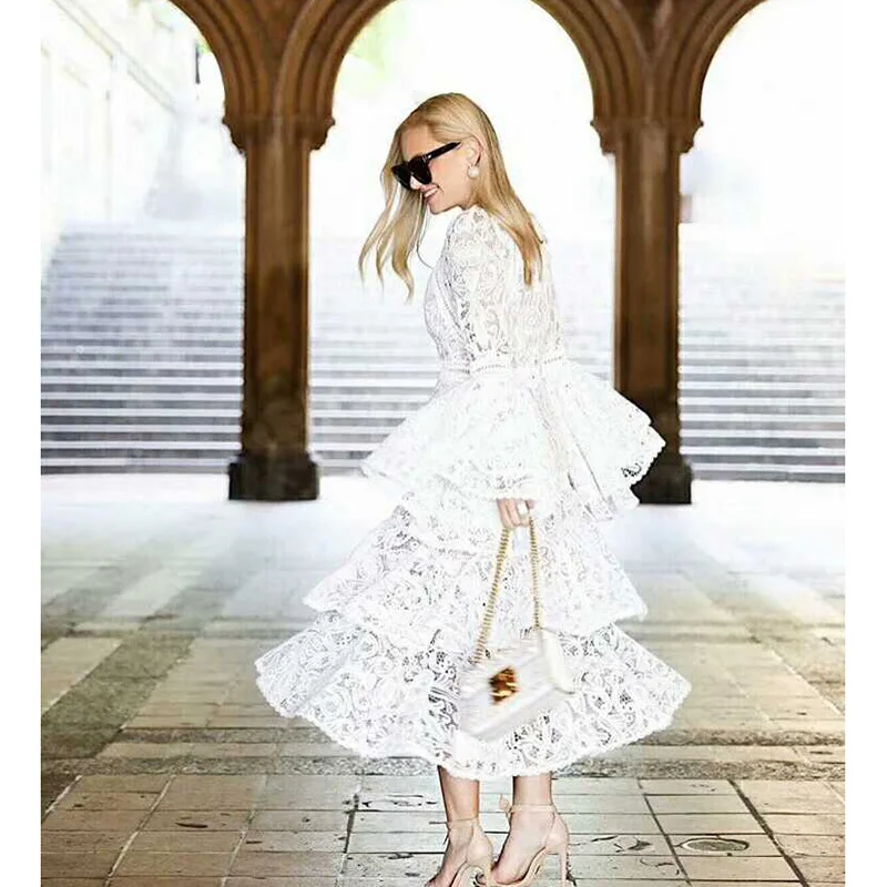 

High quality bell sleeve ruffled white lace dresses women long sleeve