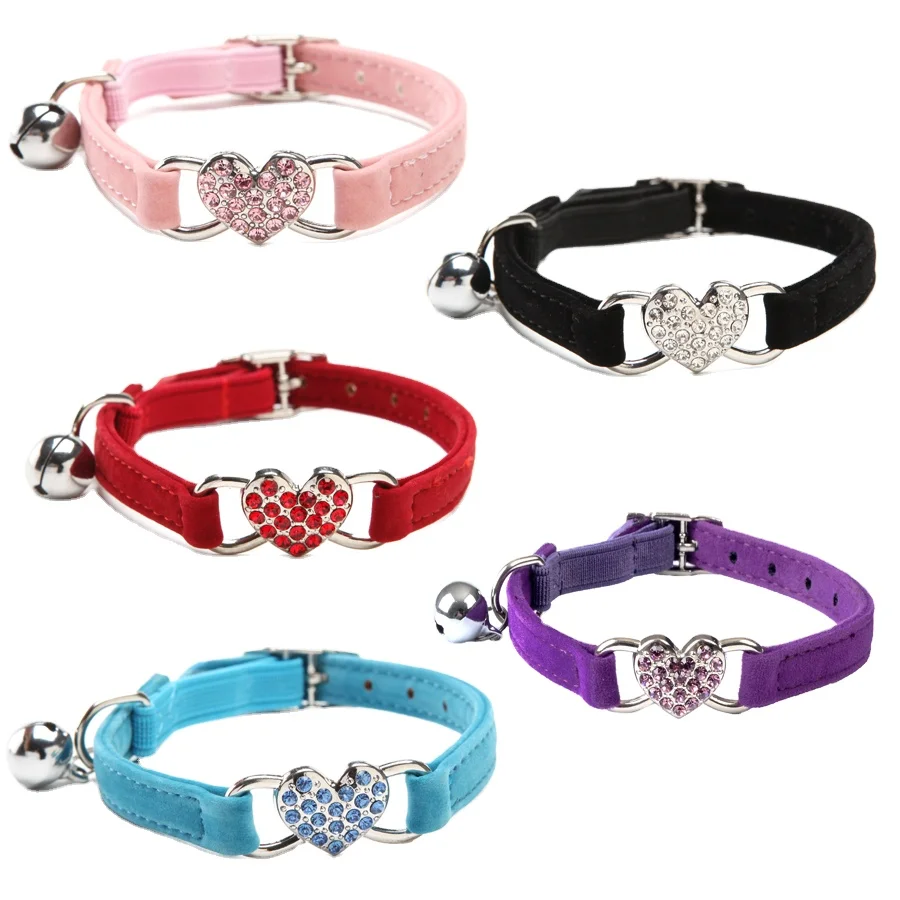 

Heart Charm And Bell Cat Collar Safety Elastic Adjustable With Soft Velvet Material 5 colors Pet Cat Collar