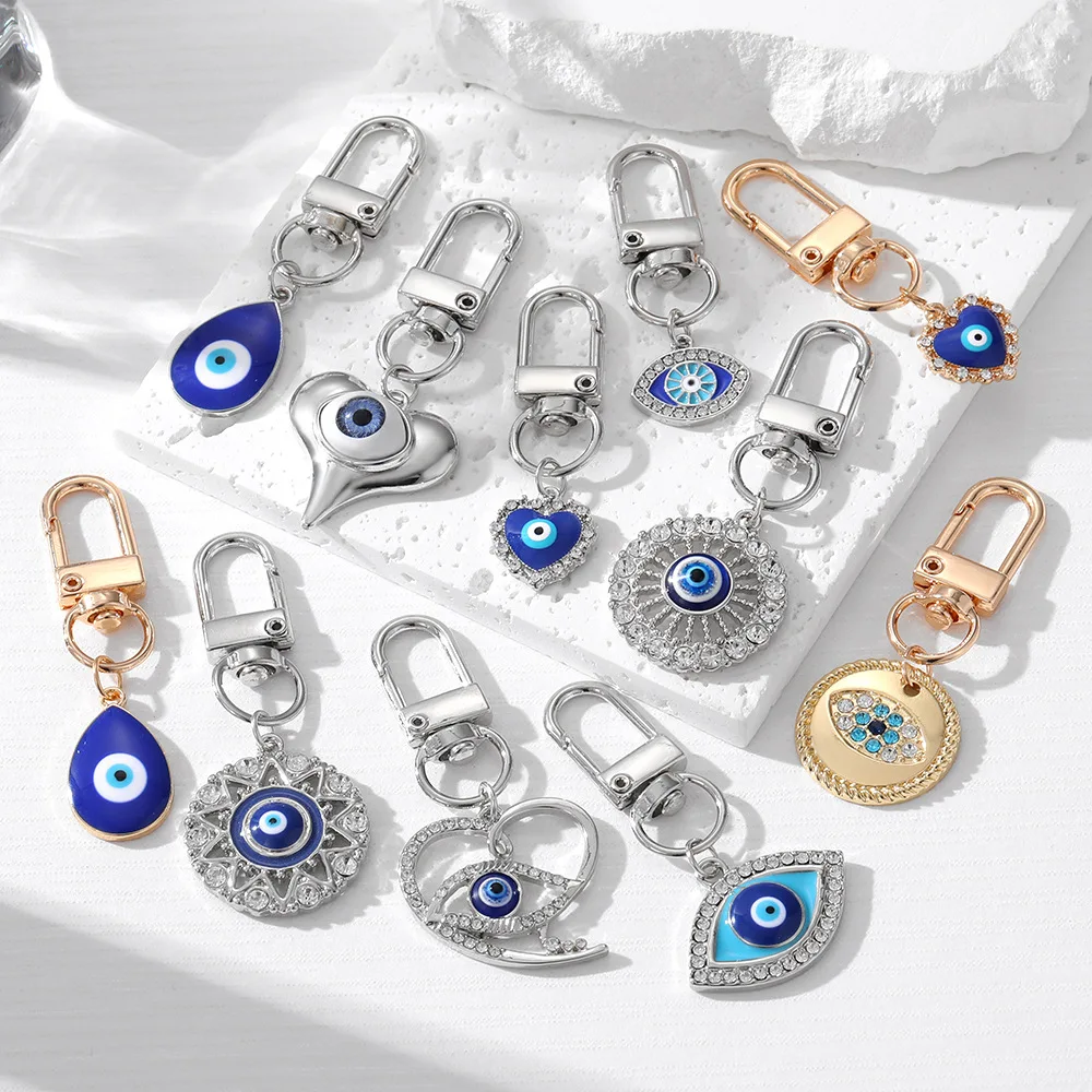 

Various Styles Enamel Evil Eye Disc Charm Key Ring Wholesale Alloy CZ Crystal Hollow Heart Pendant Keychains