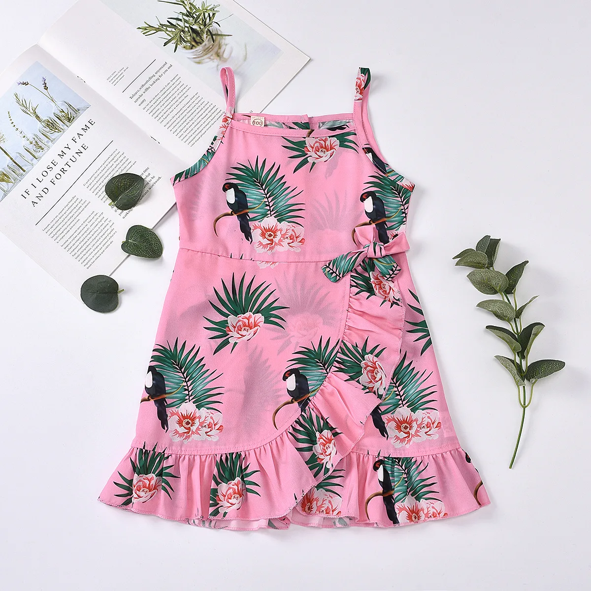 

Wholesale Summer Kids Printed Wrinkled Flounces Slip Dress