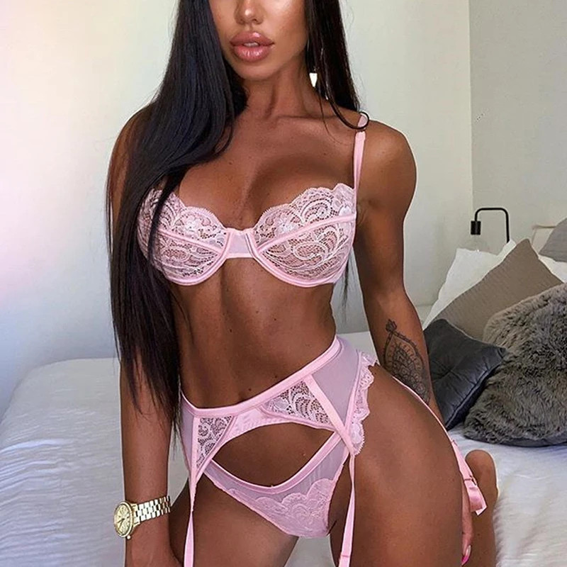 

2021 new arrivals Bra & Brief Set Sexy Lingerie Underwear Set Women Erotic Transparent Underwear 3 Piece Set Hollow G-String Thong