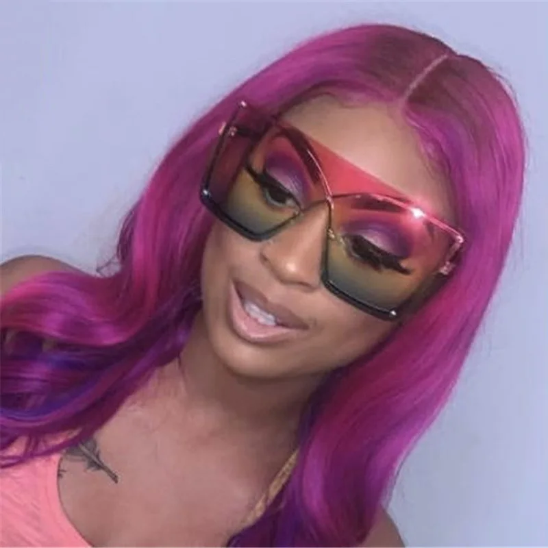 

newest metal shield style sun glasses pink green gradient luxury brand rimless oversized women sunglasses