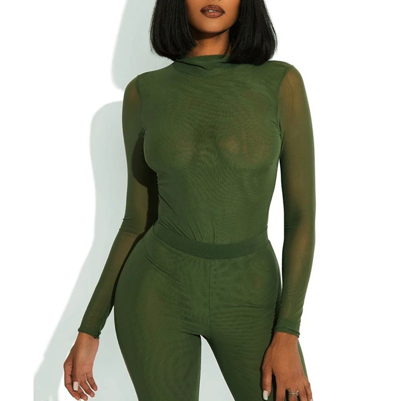 

Bomblook K21ST578 Autumn Two Piece Set women Solid Color High Neck Long Sleeve Bodysuit High Waist Pants Yoga Wear Women Outfit