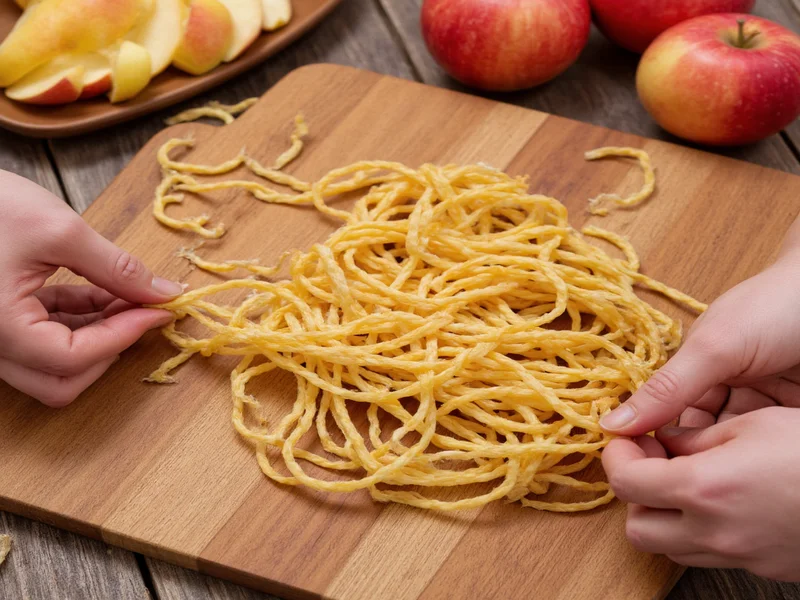 Hands weaving long apple peels into decorative patterns on wooden surface