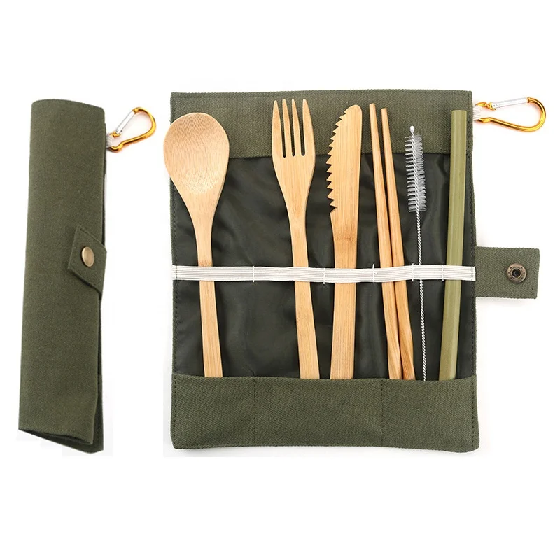 

Custom Logo Bamboo Traveling Silverware Repeatable Eco Friendly Portable Bamboo Cutlery Set Travel, Army green, black, creamy white, beige