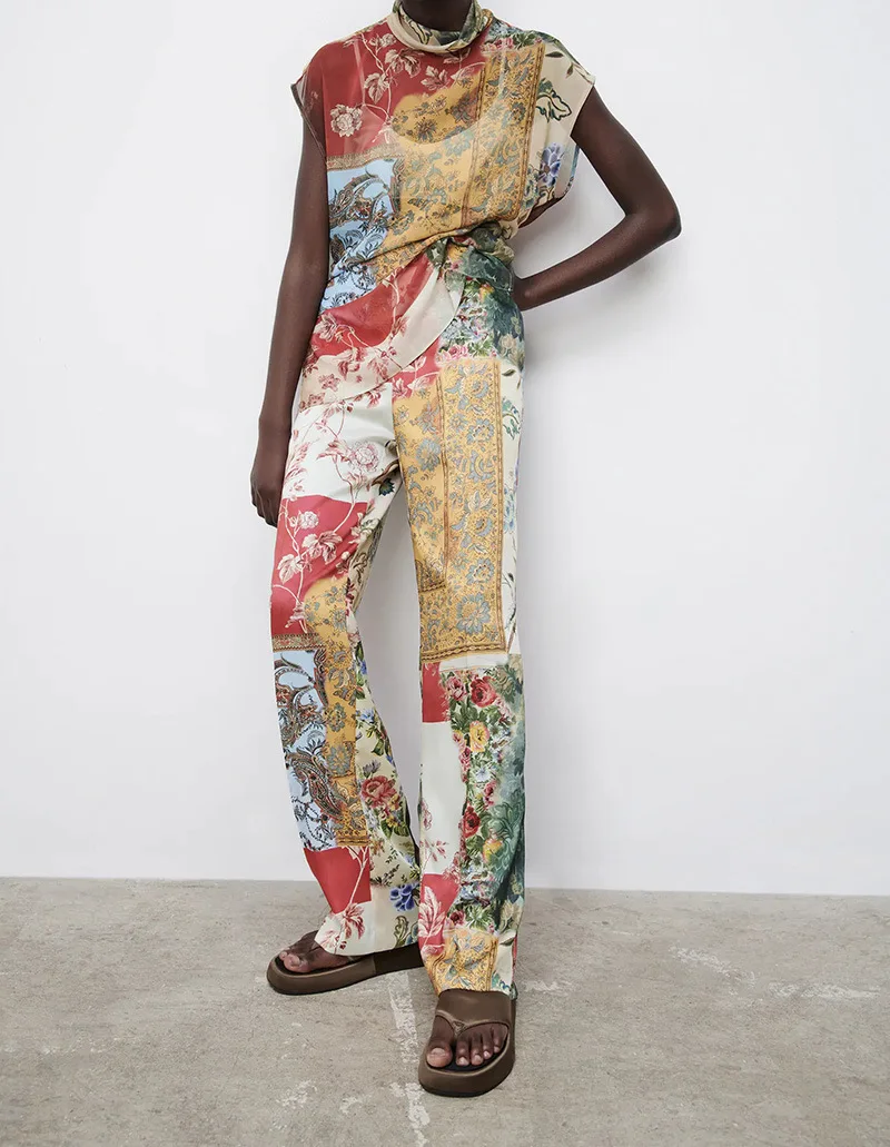 

Spring women's national chiffion stand collar printed jacket + satin printed drape straight pants set, Picture color