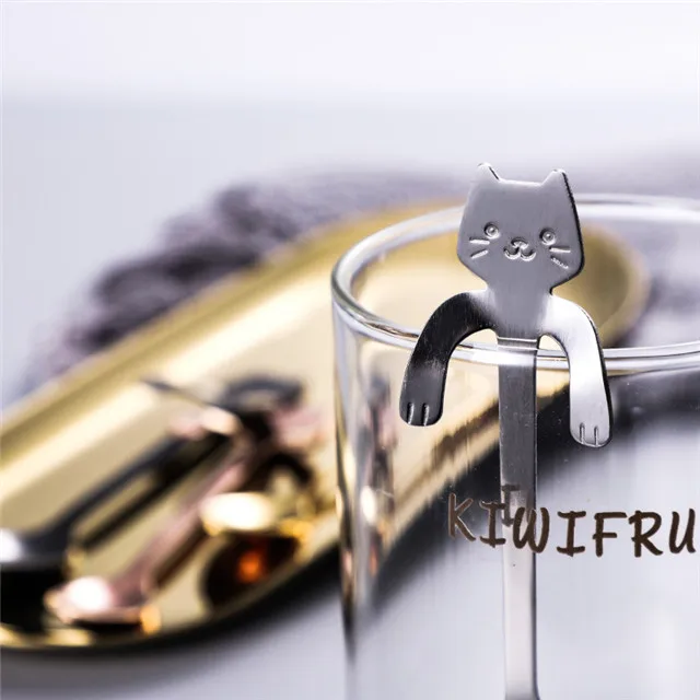 

304 Stainless Steel Coffee Spoon Creative Cartoon Cute Cat Dessert Stirring Hanging Cup Spoon kitchen accessories, As show