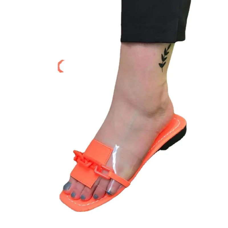 

2022 Candy Color Flip Flops New Chain Flat Beach Slippers Ladies Women Rubber PVC Slippers, Black