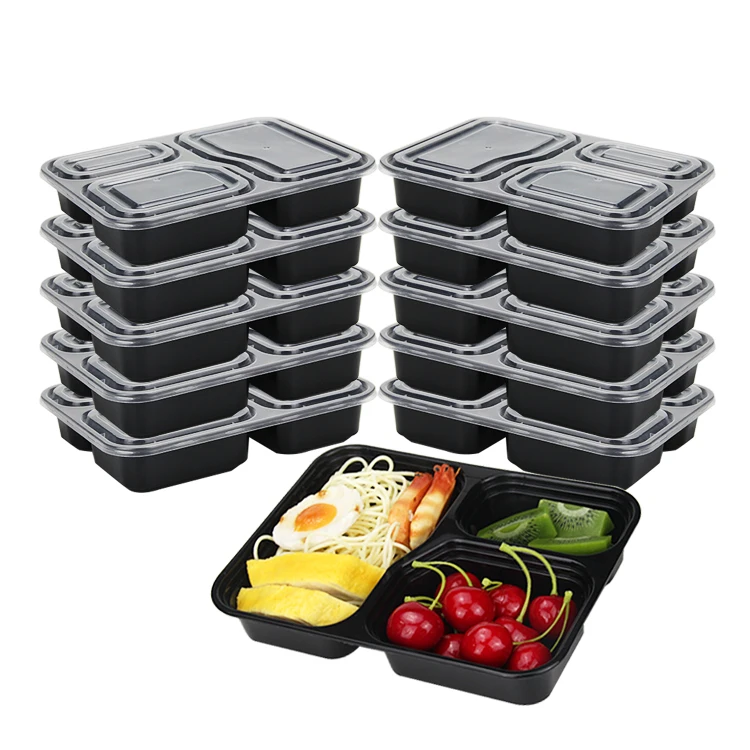 Eco Friendly BPA Free Reusable Leakproof Stackable Black 3 Compartment Disposable PP Plastic Take-out Lunch Box