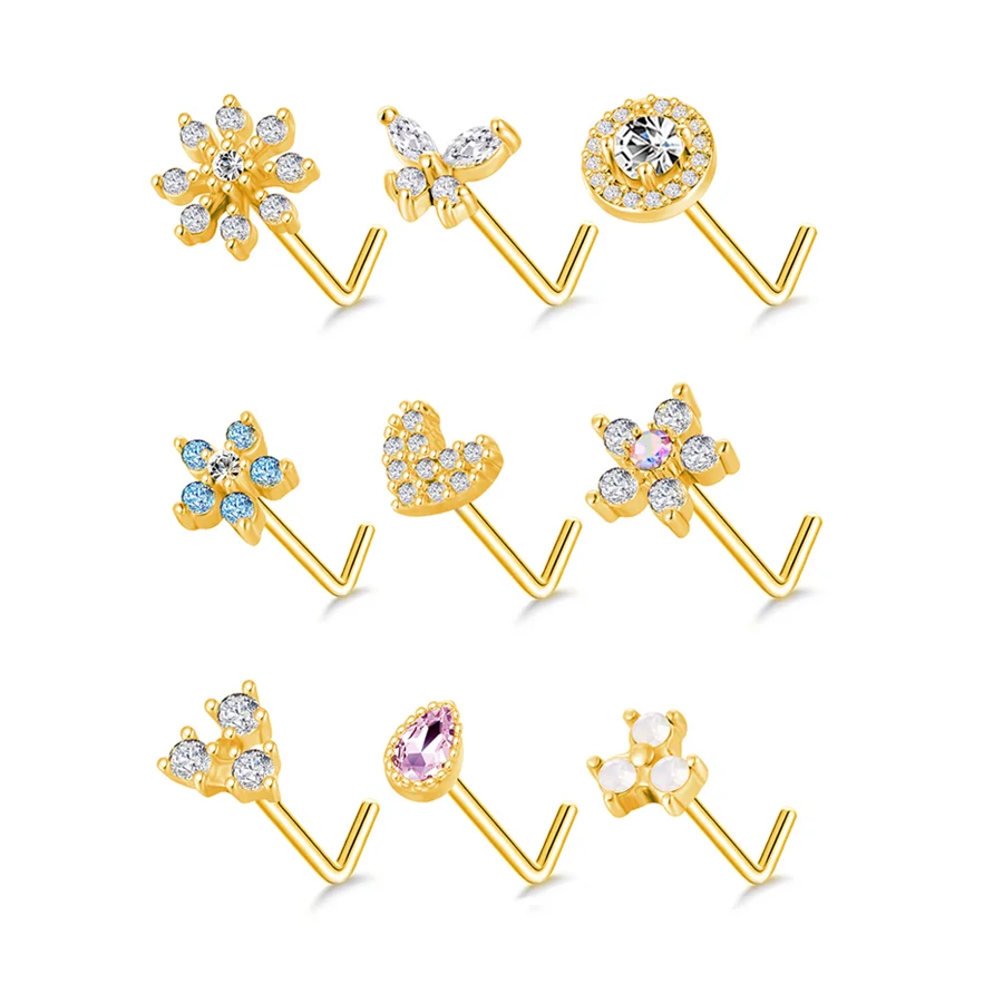 

20G Gold Plated Stainless Steel Nose Rings Stud Butterfly L Shaped Shiny CZ Snowflake Flower Nose Stud Body Piercing Jewelry