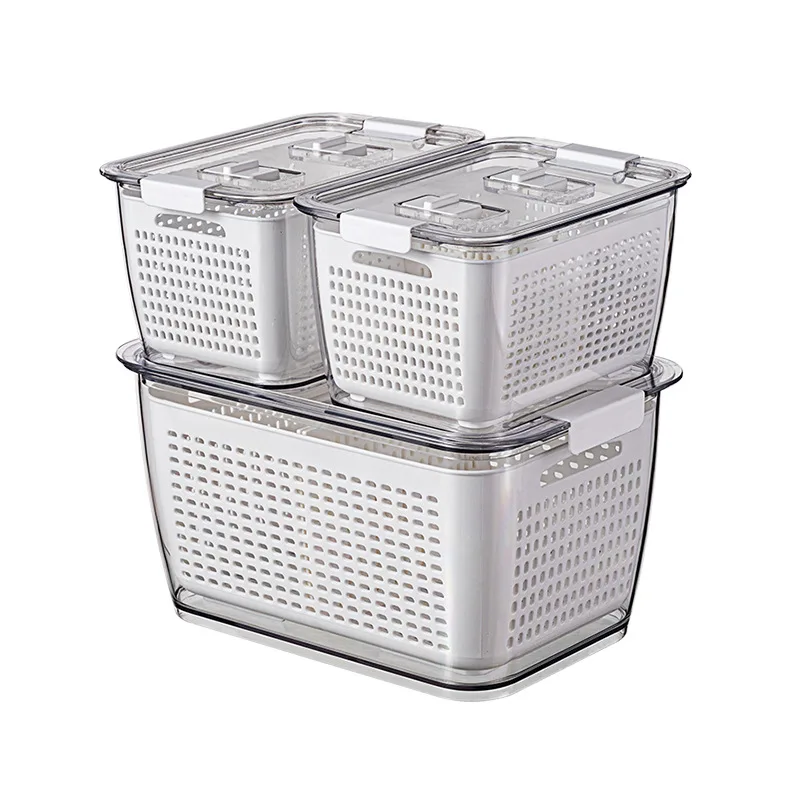 

More popular Stackable Plastic PET drain basket food storage containers Refrigerator Drawer with Lid Fridge Organizer Set, White/coffee/gray