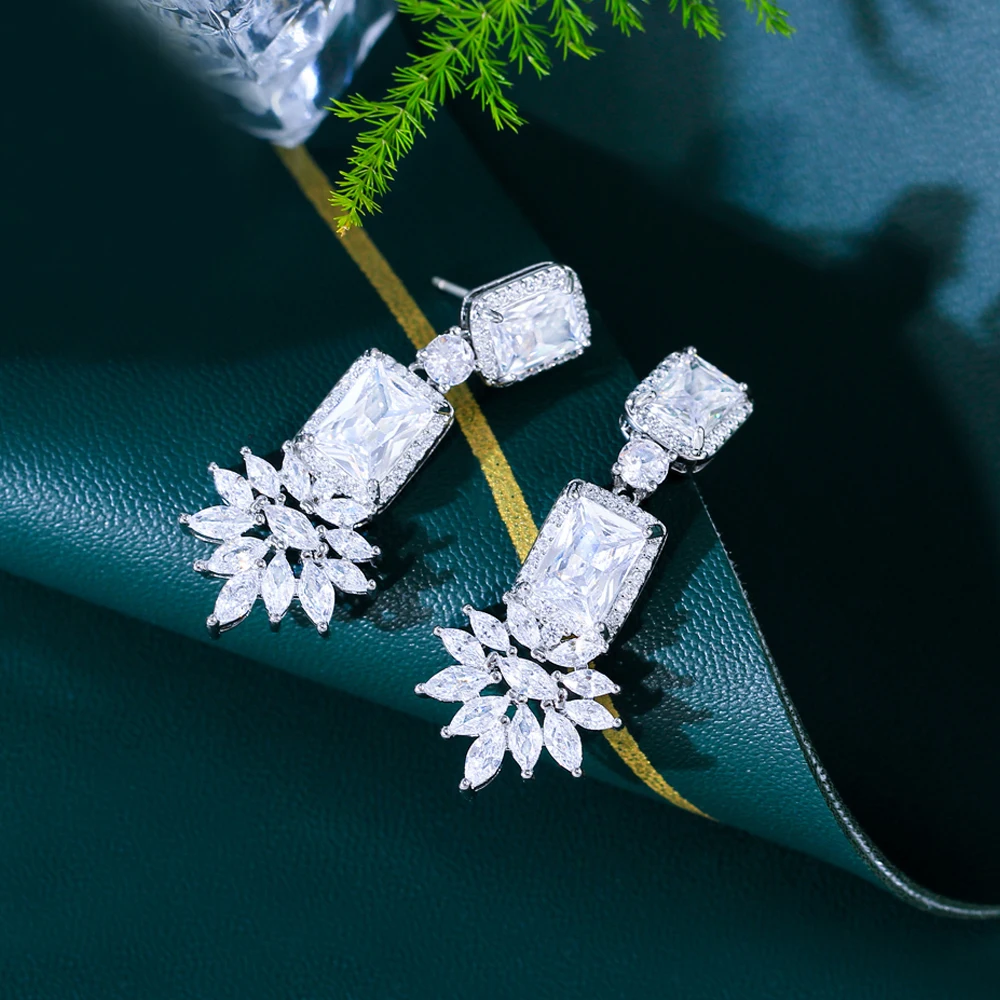 Bling White Square Cubic Zirconia Dangling Bridal Party Wedding Big Pageant Earrings for Women CZ Jewelry Gifts