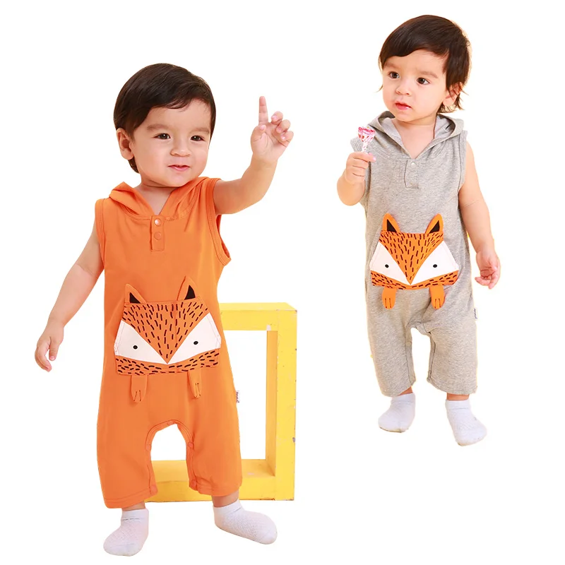 

Newest Sleeveless Infant Toddlers Clothing Baby Romper With Hood, Grey, orange