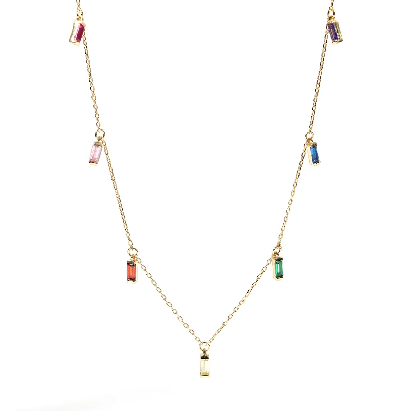 

2021 925 Silver Colorful Zircon Tiny baguette Charm Necklace Choker 18K Gold Plated A2045