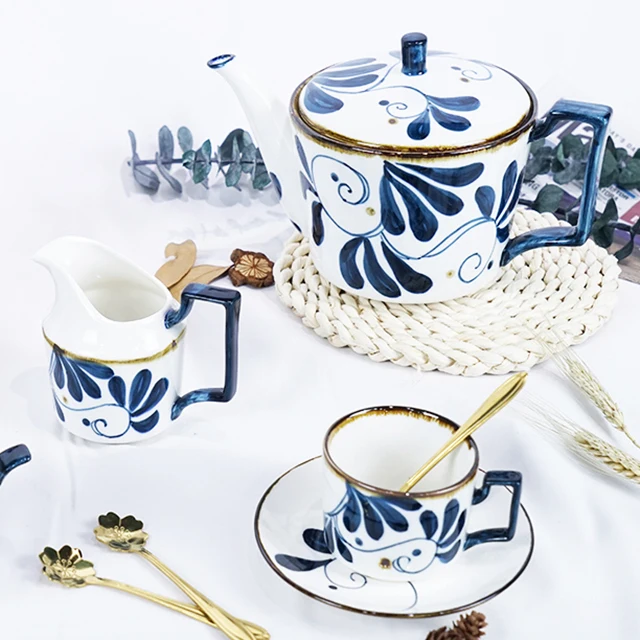 

Hot Sale Blue Flower Design Coffee Cup Sets 17pcs Bone China Tea Sets