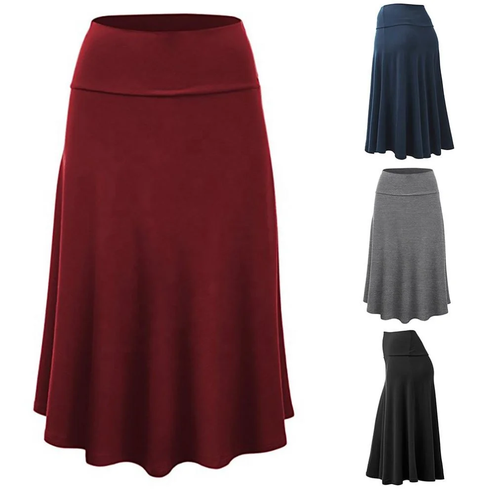 

2021 Women Ladies Plain Midi High Waist Casual Knee Length Swing Flared Skirt Dress