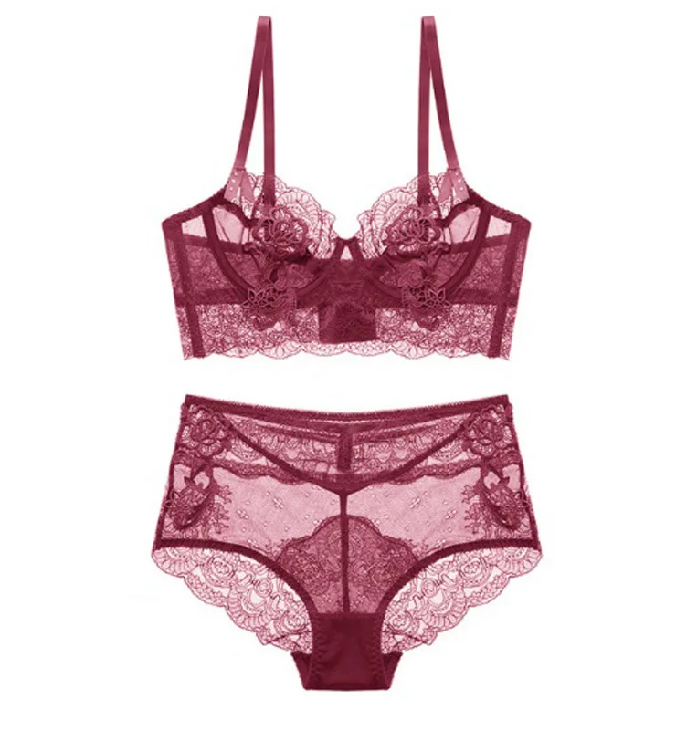 8r1000 法式超薄性感透气镂空女士内衣套装刺绣花看-穿胸罩
