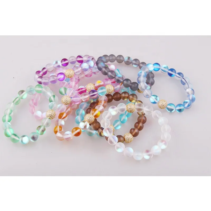 

Wholesale Fashion White Mermaid Glass Bracelet Holographic Mystic Aurora Mate Bead Borealis Stretch Bracelet