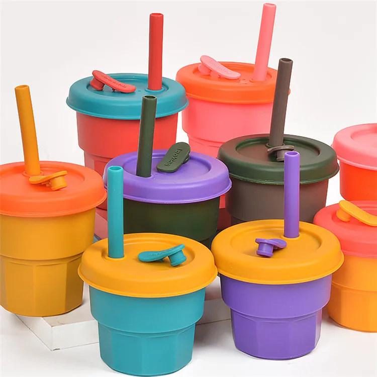 

Amazon Best Seller Food Grade Anti-drop And Anti-overflow 300ml Silicone Baby Kids Drinking Straw Cup With Lid, Color