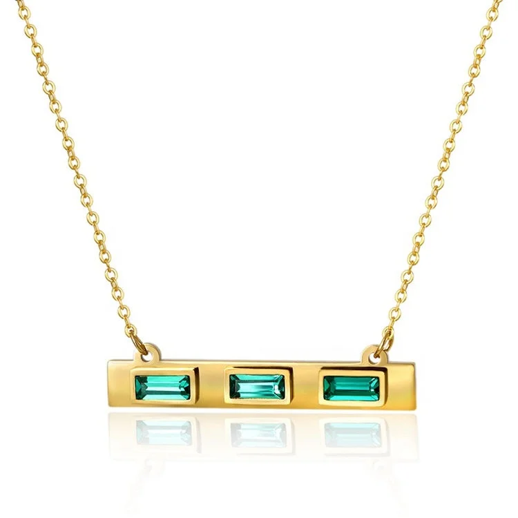 

Luxury Women Necklace Jewelry Stainless Steel Gold Plated Bar Necklace Square Green CZ Stone Necklace, Gold color