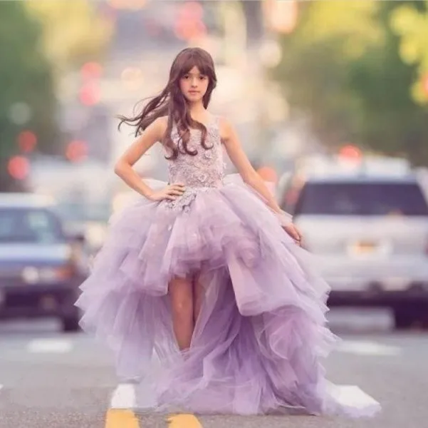 

2019 high low hemline Lilac Tulle 12 years old girls wedding dresses kids evening dresses