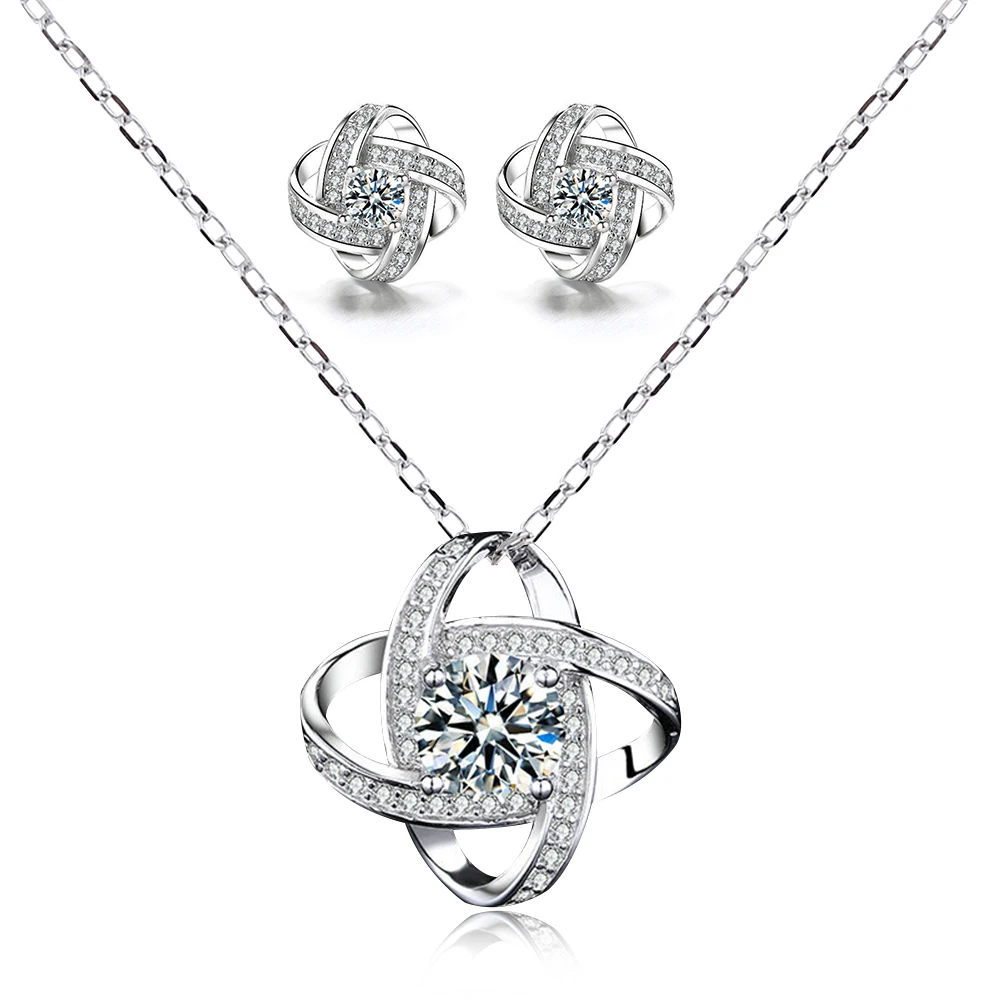 

Hot Sale Exquisite Sterling Silver 925 Heart Knot Necklace and Earring Sets For Women