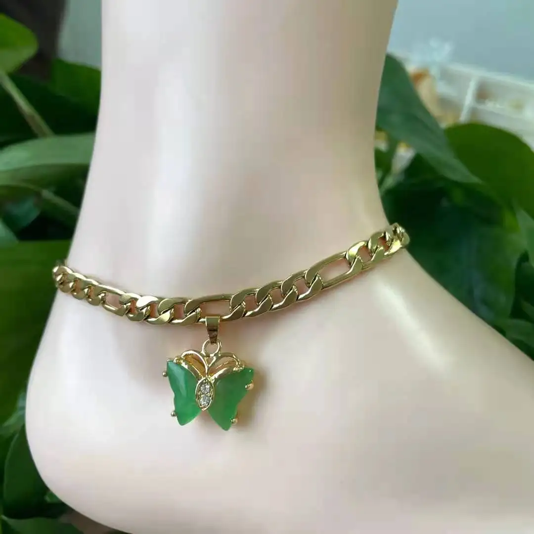 

Jialin Jewelry 18k gold plated jade butterfly anklets green bracelet for women foot ornaments bangle