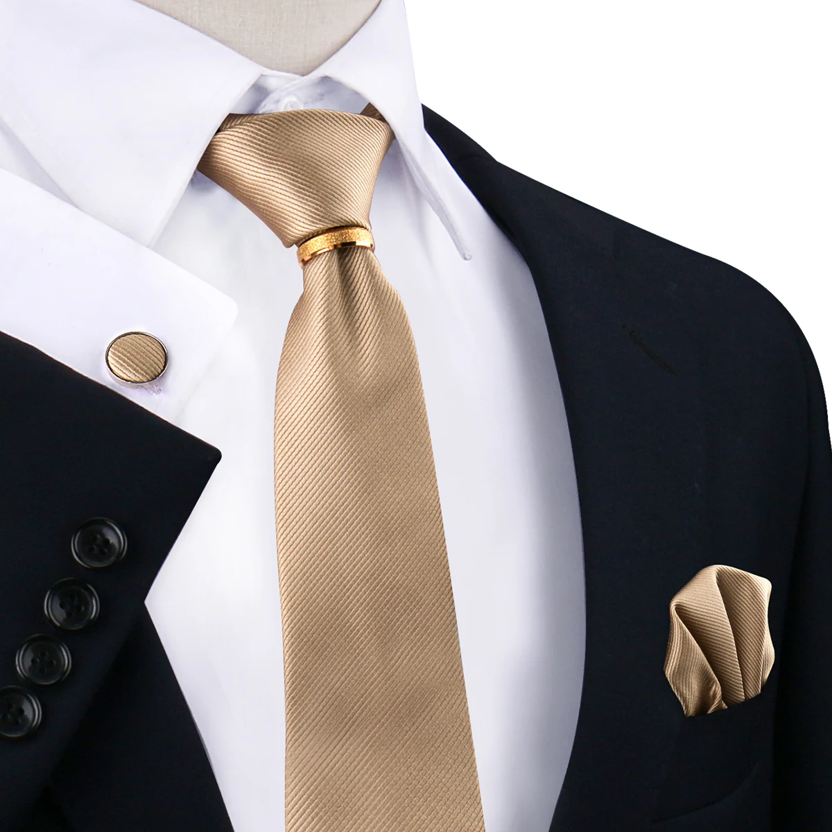 Luxury Solid Champagne Silk Ties and Pocket Square for Men Woven Polyester Necktie Made in China