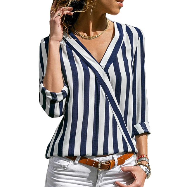 

Fashion Office Lady Clothing Deep V-neck Long Sleeved Chiffon Stripe Women's Blouse Tops, Custom color