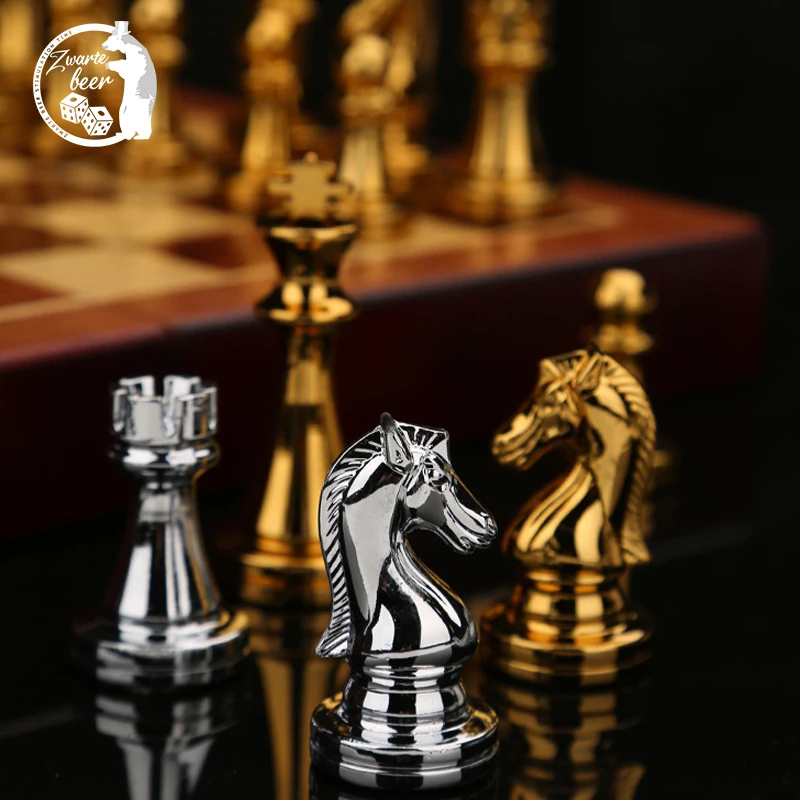 

Zinc Alloy International Chess With Wooden Box Chessboard Set Portable Foldable Wooden Box High Quality Chess Set Board Games