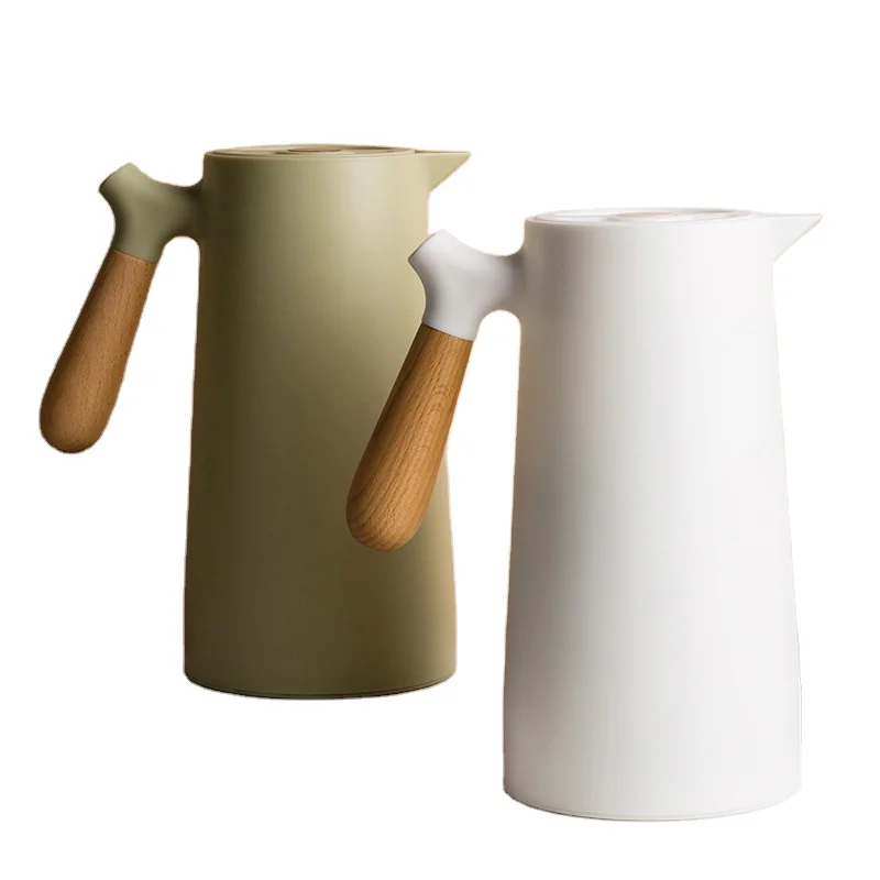 

1L double wall vacuum glass electroplate inner liner kettle PP surface with wooden handle home kitchen coffee thermos pot