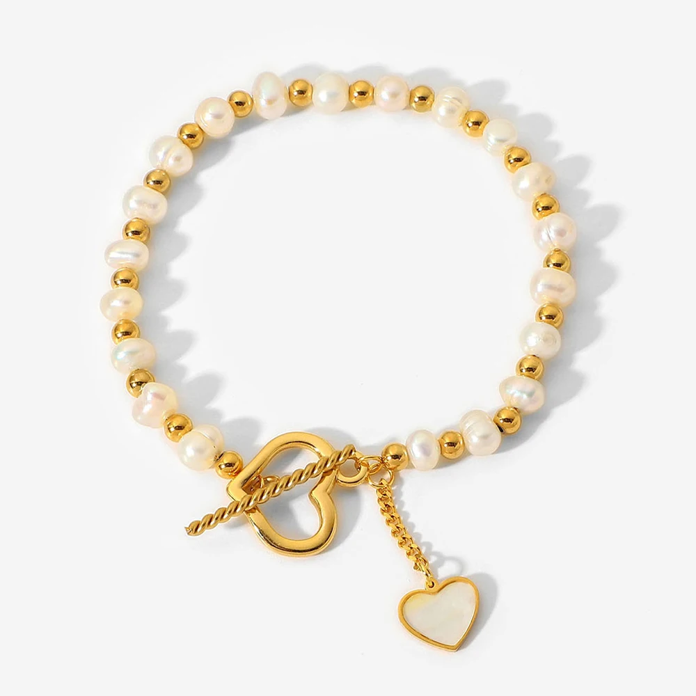 

New Design Wholesale Women Jewelry Shell Heart Charm Gold Plated Ball Beaded Bangle Bracelets Freshwater Pearl Bracelets