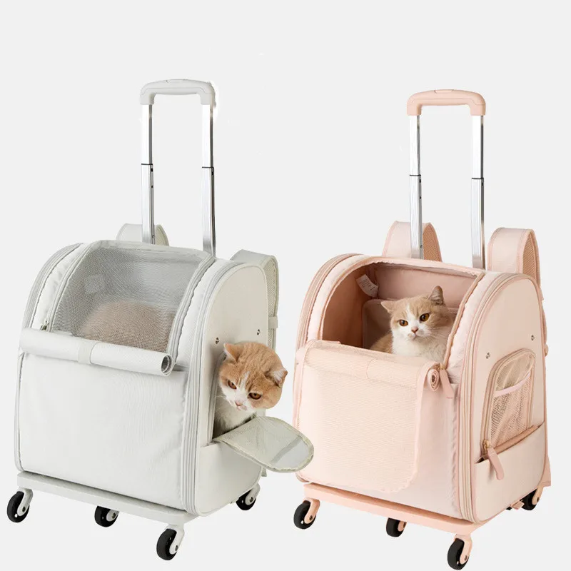 

Pull Rod Box Multi Functional Double Shoulder Travel Portable Trolley Pet Carrier, Gray / pink