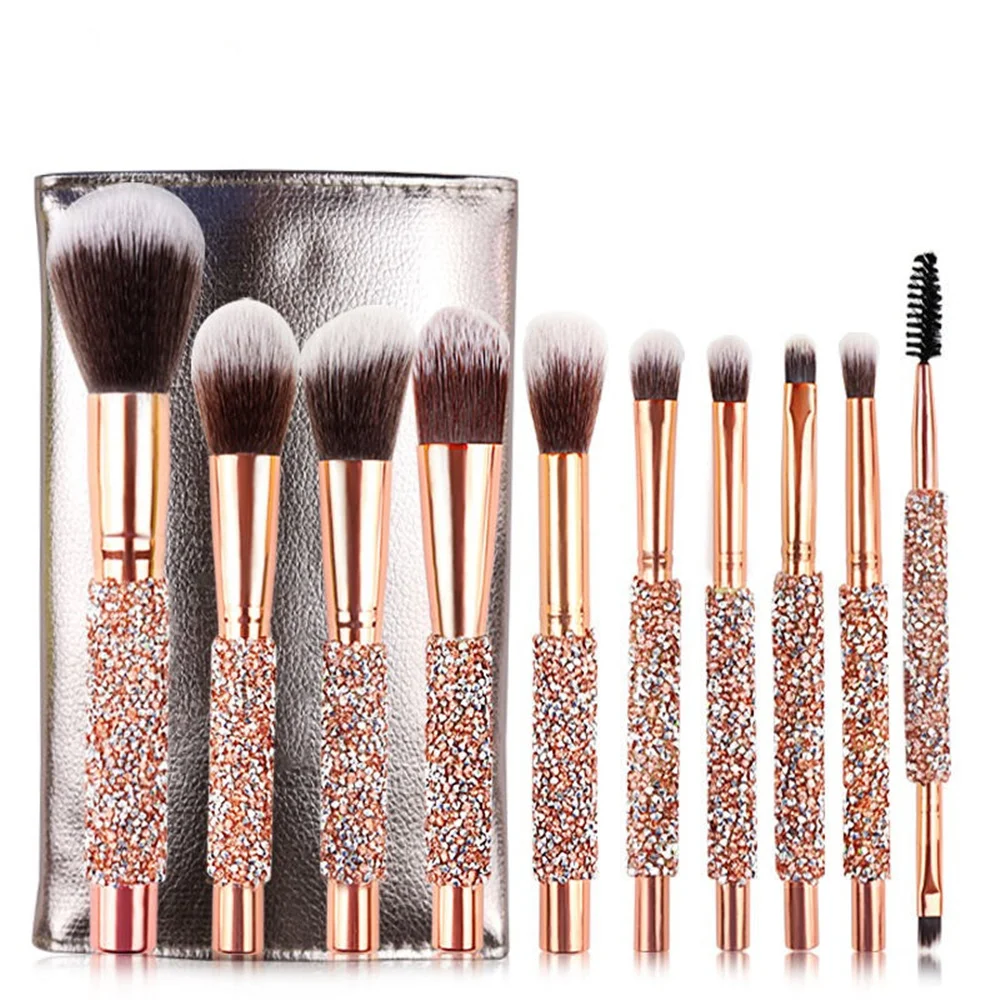 

Customized Premium Glitter Bling Professional Facial Makeup Brush Set With Pu Bag 10 Pcs Cosmetic Makeup Brushes, Rose gold,rose pink,blue
