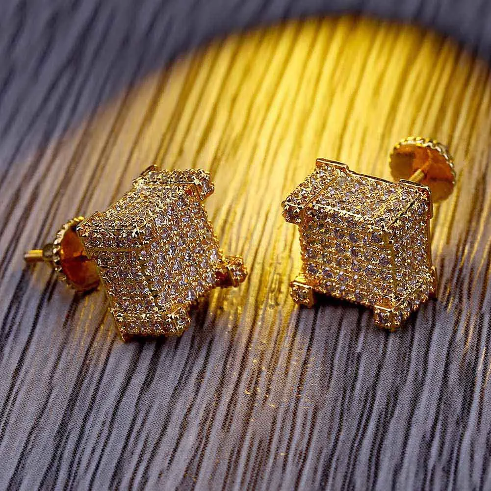 

Micro Pave Gold Iced Out 3D CZ Earrings Hip Hop Jewelry for amazon/ebay/wish online store for Wholesale Agent in Stock