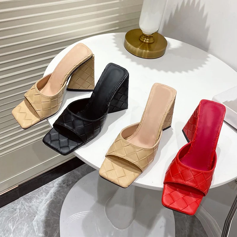 

Women's Slippers Slides Square Toe Shallow Triangle High Heels Thick Slip On Sandal Ladies 2021 New Summer Party Shoes