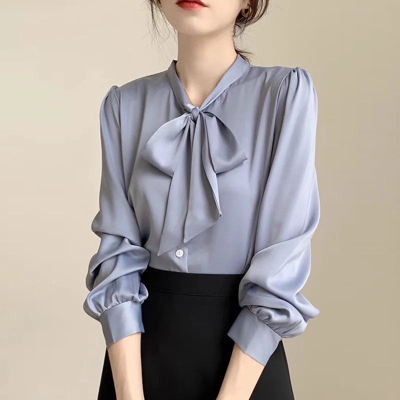 Satin Long Sleeve Blouse Bow Collar