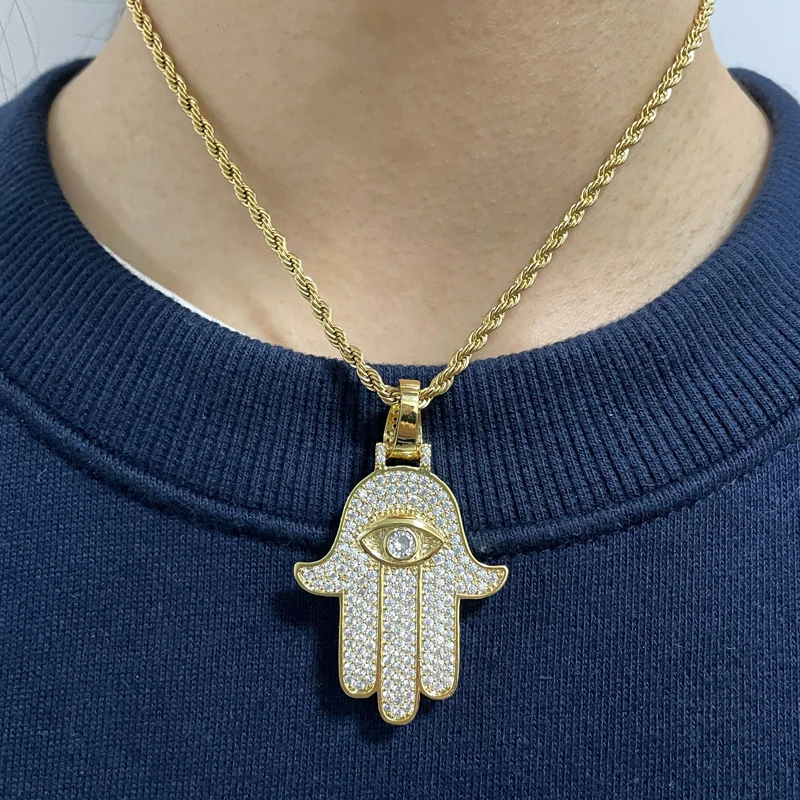 

New HOT Sale Women Men Hamsa Hand Necklace Gold Color Copper Zircon Evil Eye Pendant & Chain Hip Hop Turkish Luck Jewelry