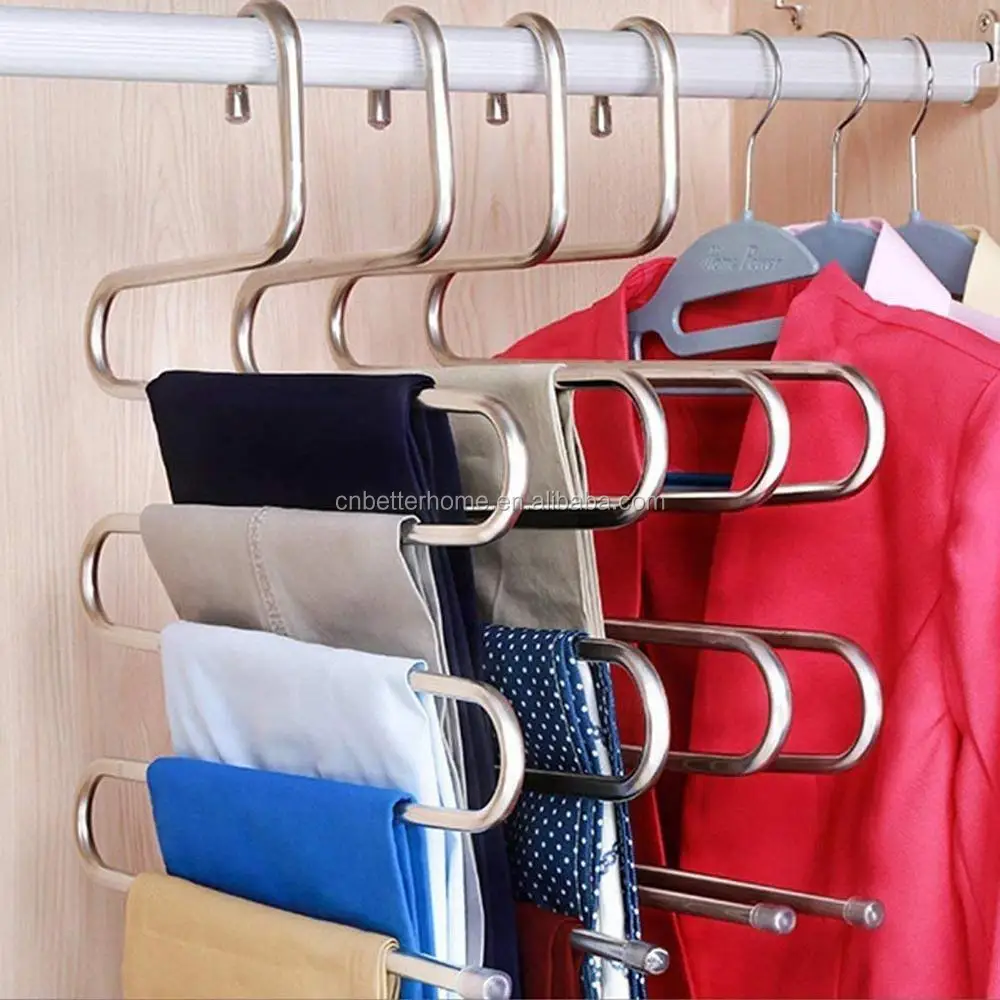 Inspring Pants Hangers S-type Stainless Steel Trousers Rack 5 layers Multi-Purpose Closet Magic Space Saver trousers hanger