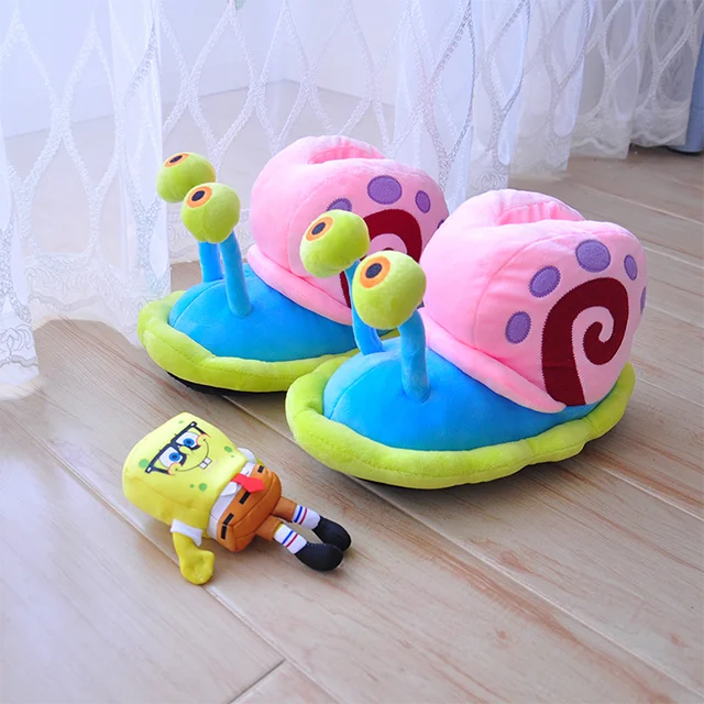 

plush animal floppy home kids winter slippers Snail Spongebob pom pom fur slippers with new