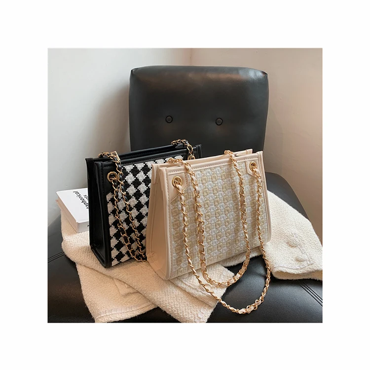 

PU & wool women crossbody bag Women's messenger bag Winter new 2021 fashion woolen chain Houndstooth shoulder bag square handbag