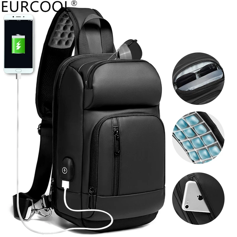 

2021 Eurcool Leather Water Repellent Casual Single Shoulder Backpack USB Charging Port Custom Logo Crossbody Sling Men Chest Bag