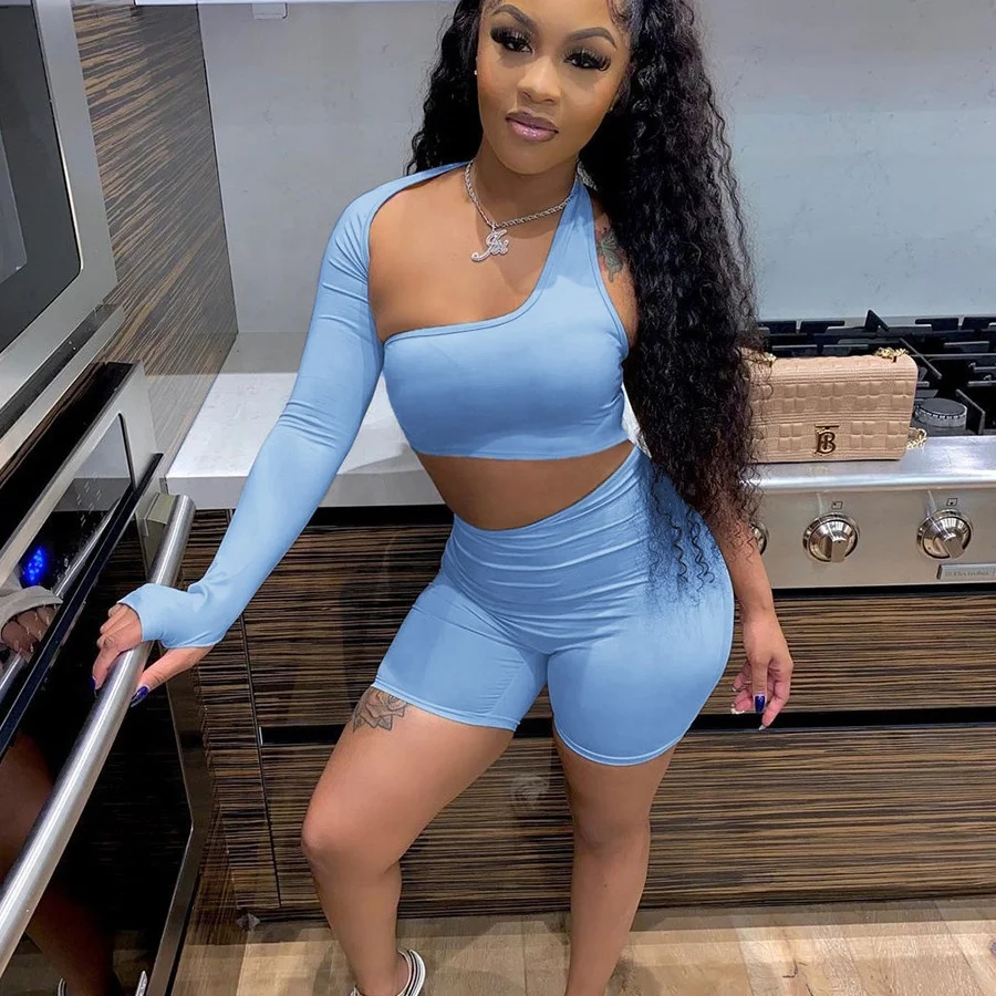 

New Arrivals One Shoulder Crop Top Sexy Hollow Out Long Sleeve Two Piece Shorts Set