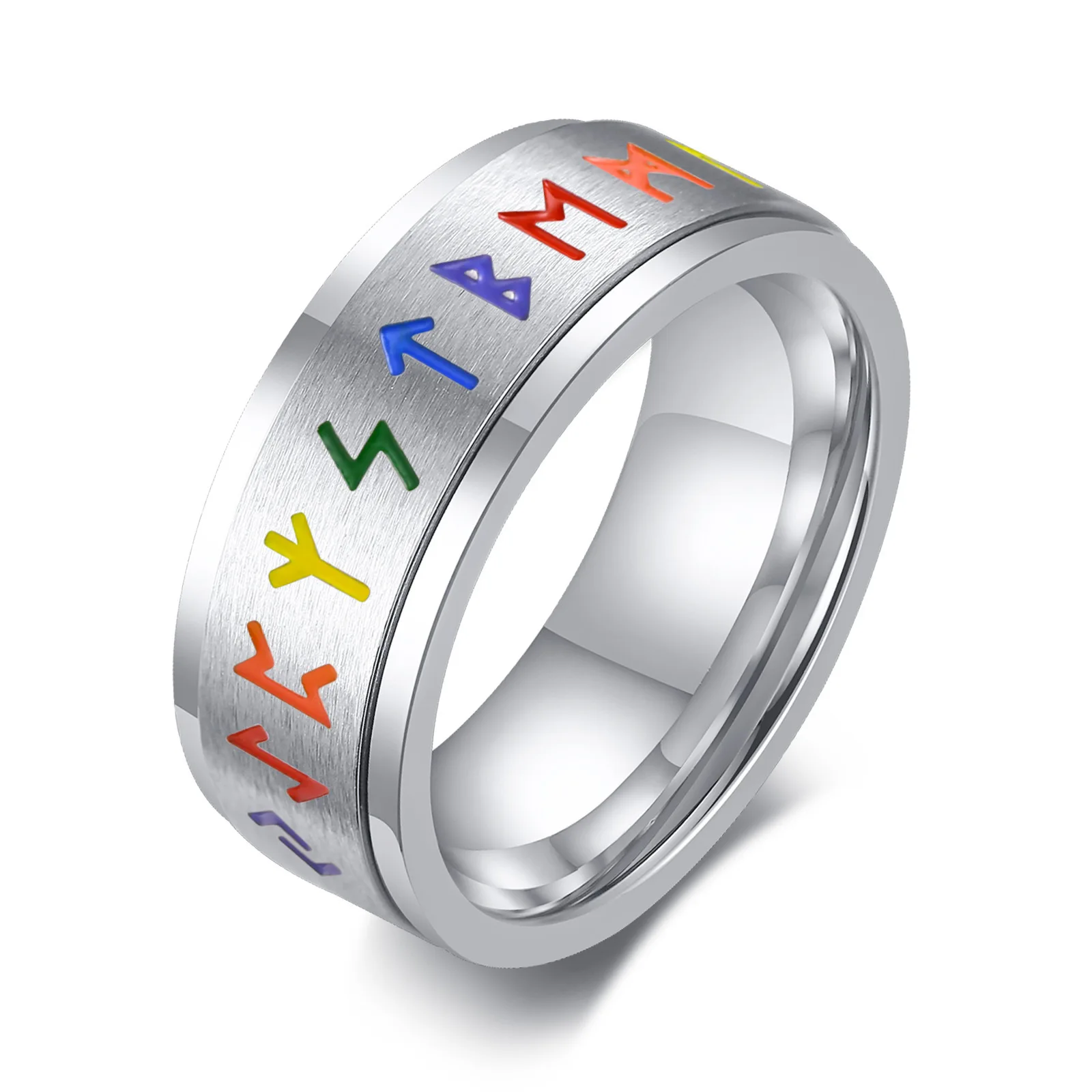 

Viking Symbol Rainbow Rotatable Ring Stainless Steel and Titanium Men's Jewelry with Rotating Stone