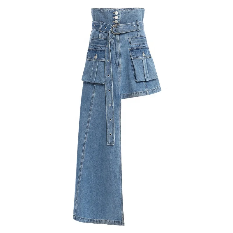 

TWOTWINSTYLE Women Denim Skirt High Waist With Sashes Patchwork Loose Streetwear Asymmetrical