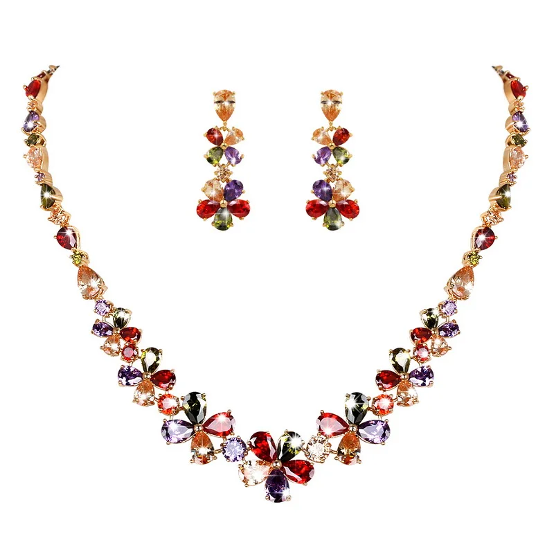 

Factory Direct Sale Mona Lisa Design Multi-Color Flower Cubic Zirconia Necklace and Earring Bridal Wedding Part Jewelry Sets