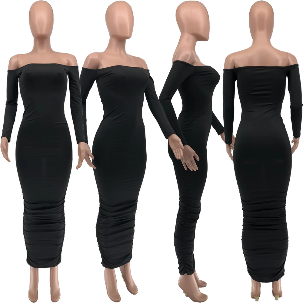 

European and American women's sexy one-line shoulder pleated pure color dress