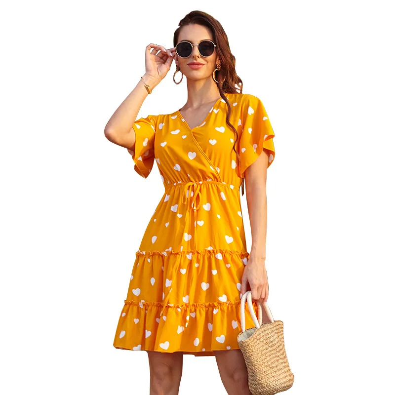 

Women's chiffon floral V neckline dress French casual women small hat printed colorful fashion long dress casual