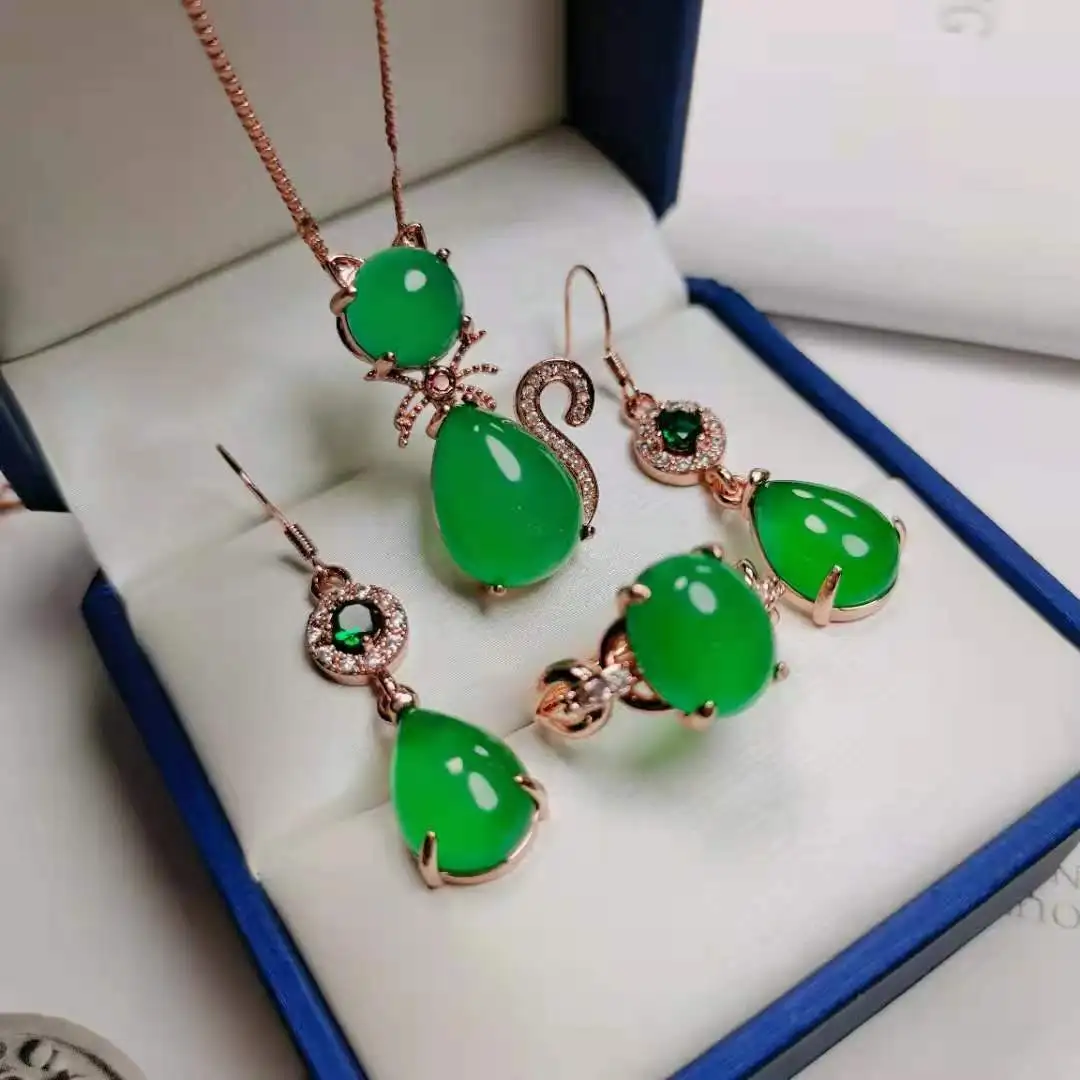 

Certified Brazil Chalcedony 925 Silver Inlaid Stylish Pendant Eardrop Ring Three-Piece Set Jade